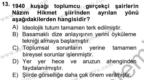 Cumhuriyet Dönemi Türk Şiiri Dersi 2012 - 2013 Yılı (Vize) Ara Sınavı 13. Soru