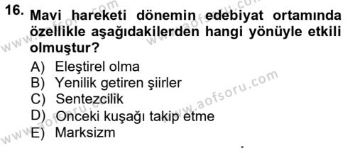 Cumhuriyet Dönemi Türk Şiiri Dersi 2012 - 2013 Yılı (Vize) Ara Sınavı 16. Soru