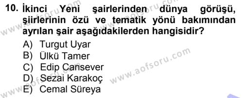 Cumhuriyet Dönemi Türk Şiiri Dersi 2012 - 2013 Yılı (Final) Dönem Sonu Sınavı 10. Soru