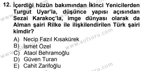 Cumhuriyet Dönemi Türk Şiiri Dersi 2012 - 2013 Yılı (Final) Dönem Sonu Sınavı 12. Soru