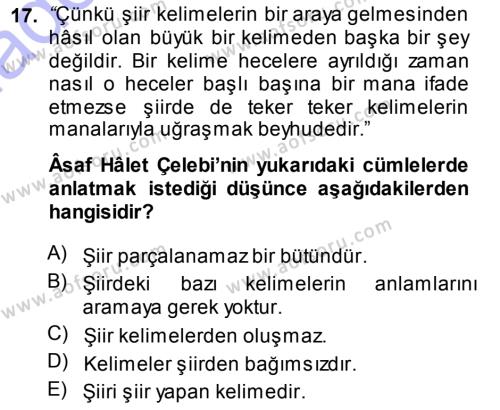 Cumhuriyet Dönemi Türk Şiiri Dersi 2013 - 2014 Yılı (Vize) Ara Sınavı 17. Soru
