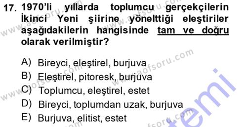 Cumhuriyet Dönemi Türk Şiiri Dersi 2013 - 2014 Yılı (Final) Dönem Sonu Sınavı 17. Soru