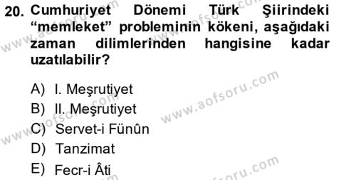 Cumhuriyet Dönemi Türk Şiiri Dersi 2013 - 2014 Yılı (Final) Dönem Sonu Sınavı 20. Soru