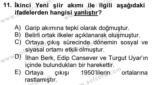 Cumhuriyet Dönemi Türk Şiiri Dersi 2013 - 2014 Yılı Tek Ders Sınavı 11. Soru