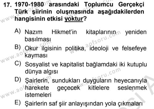 Cumhuriyet Dönemi Türk Şiiri Dersi 2013 - 2014 Yılı Tek Ders Sınavı 17. Soru