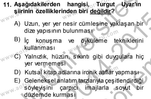 Cumhuriyet Dönemi Türk Şiiri Dersi 2014 - 2015 Yılı (Final) Dönem Sonu Sınavı 11. Soru