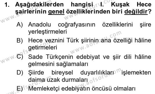 Cumhuriyet Dönemi Türk Şiiri Dersi 2015 - 2016 Yılı (Vize) Ara Sınavı 1. Soru