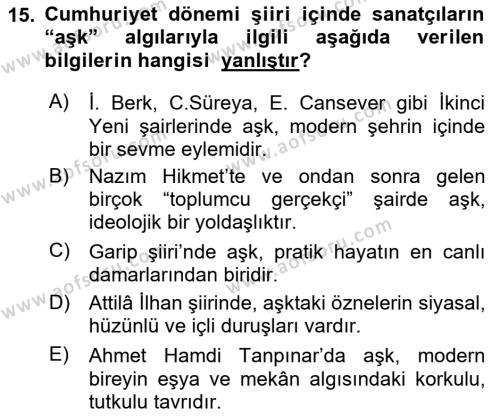 Cumhuriyet Dönemi Türk Şiiri Dersi 2015 - 2016 Yılı (Final) Dönem Sonu Sınavı 15. Soru