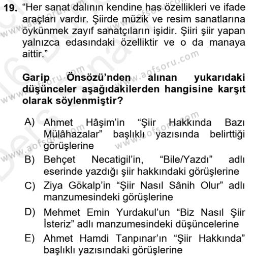 Cumhuriyet Dönemi Türk Şiiri Dersi 2015 - 2016 Yılı Tek Ders Sınavı 19. Soru