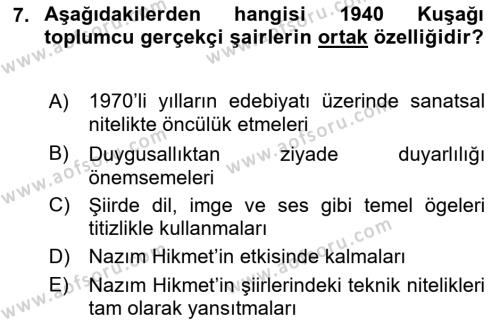 Cumhuriyet Dönemi Türk Şiiri Dersi 2015 - 2016 Yılı Tek Ders Sınavı 7. Soru
