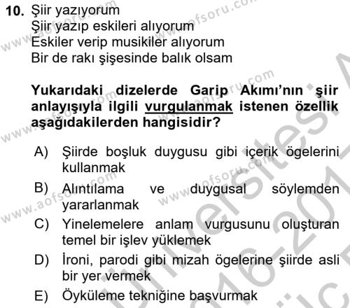 Cumhuriyet Dönemi Türk Şiiri Dersi 2016 - 2017 Yılı 3 Ders Sınavı 10. Soru