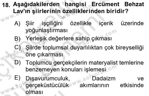Cumhuriyet Dönemi Türk Şiiri Dersi 2016 - 2017 Yılı (Vize) Ara Sınavı 18. Soru