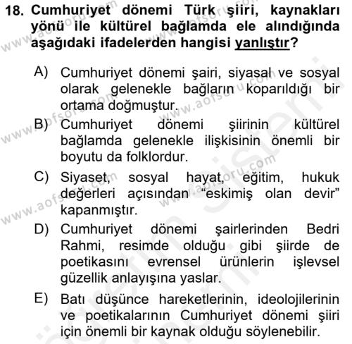 Cumhuriyet Dönemi Türk Şiiri Dersi 2016 - 2017 Yılı (Final) Dönem Sonu Sınavı 18. Soru