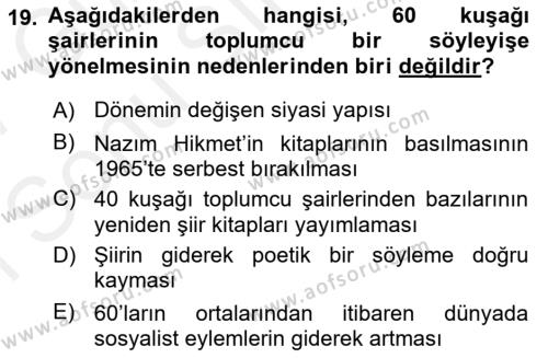 Cumhuriyet Dönemi Türk Şiiri Dersi 2016 - 2017 Yılı (Final) Dönem Sonu Sınavı 19. Soru