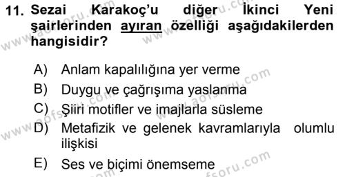 Cumhuriyet Dönemi Türk Şiiri Dersi 2017 - 2018 Yılı 3 Ders Sınavı 11. Soru