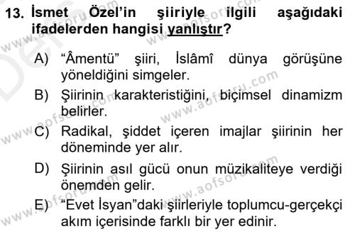 Cumhuriyet Dönemi Türk Şiiri Dersi 2017 - 2018 Yılı 3 Ders Sınavı 13. Soru