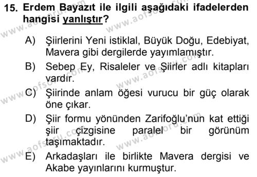 Cumhuriyet Dönemi Türk Şiiri Dersi 2017 - 2018 Yılı 3 Ders Sınavı 15. Soru