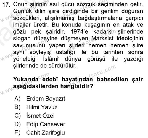 Cumhuriyet Dönemi Türk Şiiri Dersi 2017 - 2018 Yılı 3 Ders Sınavı 17. Soru