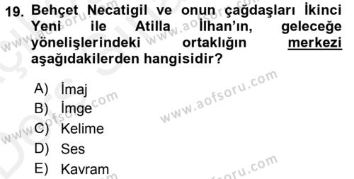 Cumhuriyet Dönemi Türk Şiiri Dersi 2017 - 2018 Yılı 3 Ders Sınavı 19. Soru