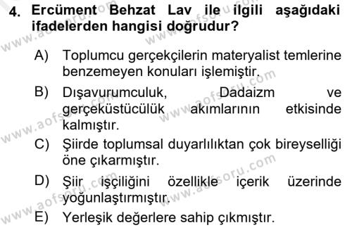 Cumhuriyet Dönemi Türk Şiiri Dersi 2017 - 2018 Yılı 3 Ders Sınavı 4. Soru