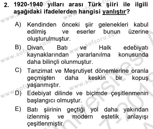 Cumhuriyet Dönemi Türk Şiiri Dersi 2017 - 2018 Yılı (Vize) Ara Sınavı 2. Soru