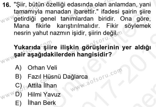 Cumhuriyet Dönemi Türk Şiiri Dersi 2017 - 2018 Yılı (Final) Dönem Sonu Sınavı 16. Soru