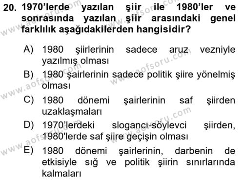 Cumhuriyet Dönemi Türk Şiiri Dersi 2017 - 2018 Yılı (Final) Dönem Sonu Sınavı 20. Soru