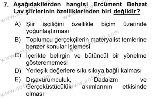 Cumhuriyet Dönemi Türk Şiiri Dersi 2018 - 2019 Yılı 3 Ders Sınavı 7. Soru