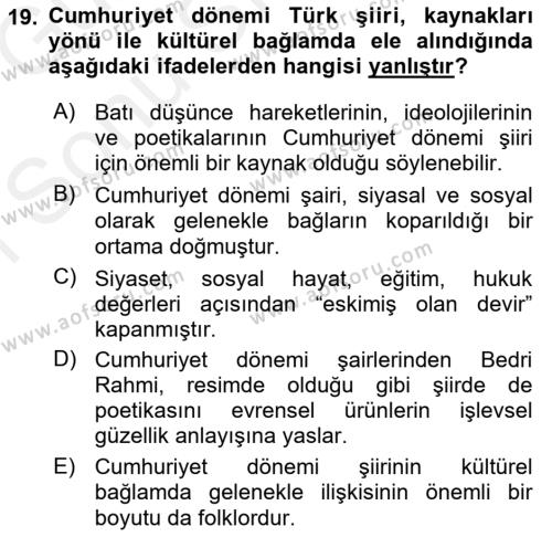 Cumhuriyet Dönemi Türk Şiiri Dersi 2018 - 2019 Yılı (Final) Dönem Sonu Sınavı 19. Soru