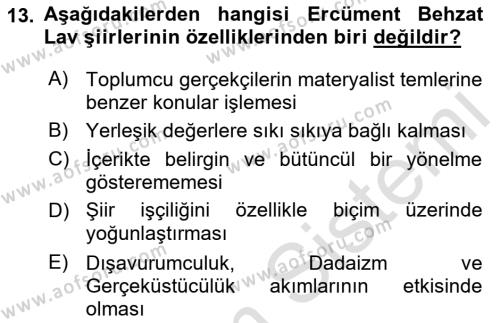 Cumhuriyet Dönemi Türk Şiiri Dersi 2019 - 2020 Yılı (Vize) Ara Sınavı 13. Soru