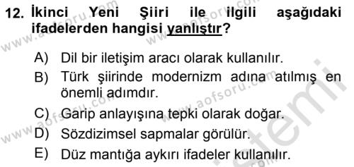 Cumhuriyet Dönemi Türk Şiiri Dersi 2019 - 2020 Yılı (Final) Dönem Sonu Sınavı 12. Soru