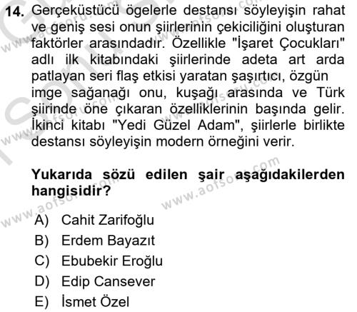 Cumhuriyet Dönemi Türk Şiiri Dersi 2019 - 2020 Yılı (Final) Dönem Sonu Sınavı 14. Soru