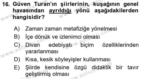 Cumhuriyet Dönemi Türk Şiiri Dersi 2019 - 2020 Yılı (Final) Dönem Sonu Sınavı 16. Soru