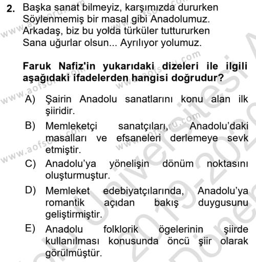 Cumhuriyet Dönemi Türk Şiiri Dersi 2019 - 2020 Yılı (Final) Dönem Sonu Sınavı 2. Soru