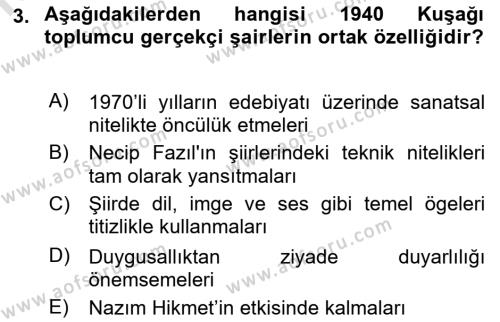 Cumhuriyet Dönemi Türk Şiiri Dersi 2019 - 2020 Yılı (Final) Dönem Sonu Sınavı 3. Soru