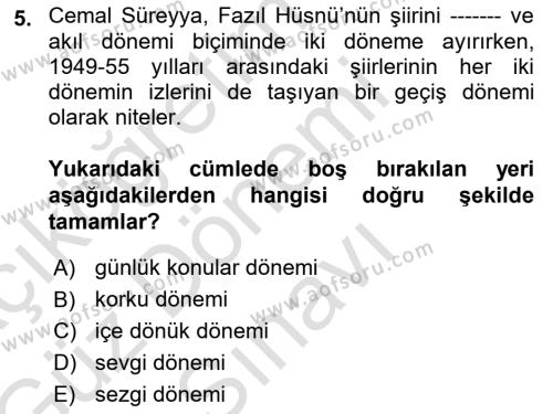 Cumhuriyet Dönemi Türk Şiiri Dersi 2019 - 2020 Yılı (Final) Dönem Sonu Sınavı 5. Soru