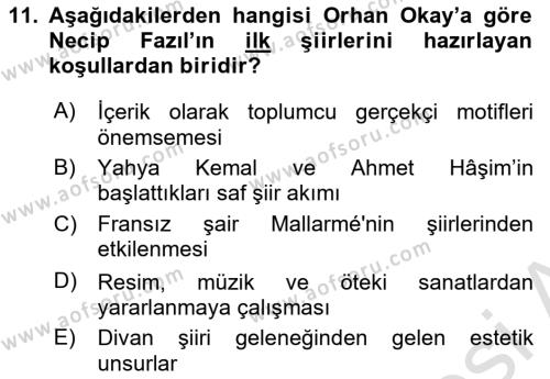 Cumhuriyet Dönemi Türk Şiiri Dersi 2020 - 2021 Yılı Yaz Okulu Sınavı 11. Soru