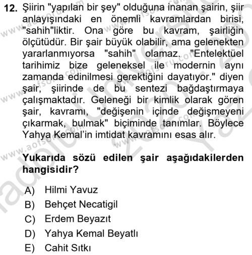 Cumhuriyet Dönemi Türk Şiiri Dersi 2020 - 2021 Yılı Yaz Okulu Sınavı 12. Soru