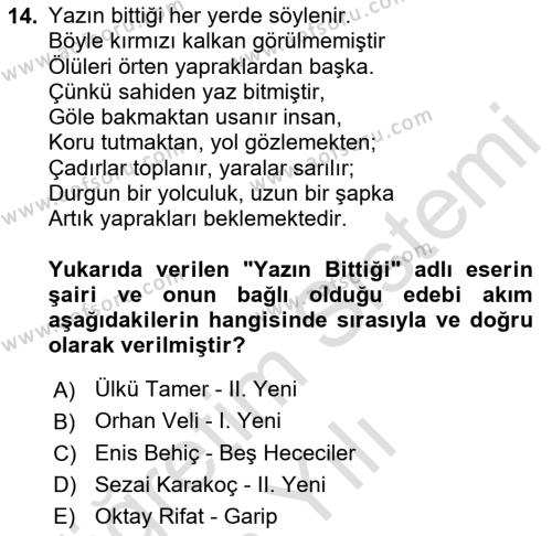 Cumhuriyet Dönemi Türk Şiiri Dersi 2020 - 2021 Yılı Yaz Okulu Sınavı 14. Soru