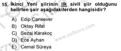 Cumhuriyet Dönemi Türk Şiiri Dersi 2020 - 2021 Yılı Yaz Okulu Sınavı 15. Soru