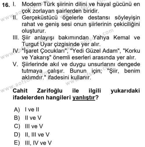 Cumhuriyet Dönemi Türk Şiiri Dersi 2020 - 2021 Yılı Yaz Okulu Sınavı 16. Soru