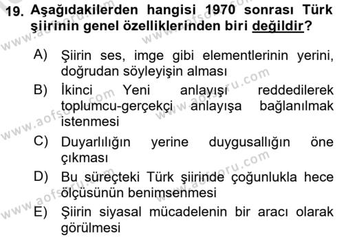 Cumhuriyet Dönemi Türk Şiiri Dersi 2020 - 2021 Yılı Yaz Okulu Sınavı 19. Soru