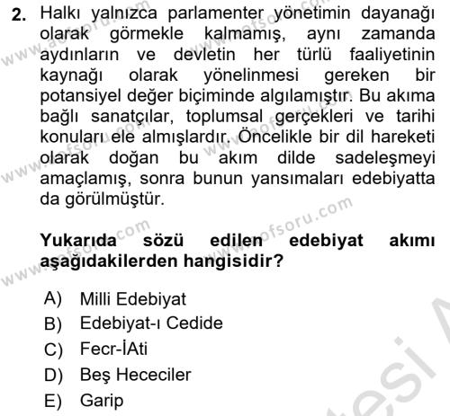 Cumhuriyet Dönemi Türk Şiiri Dersi 2020 - 2021 Yılı Yaz Okulu Sınavı 2. Soru