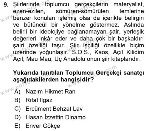 Cumhuriyet Dönemi Türk Şiiri Dersi 2020 - 2021 Yılı Yaz Okulu Sınavı 9. Soru