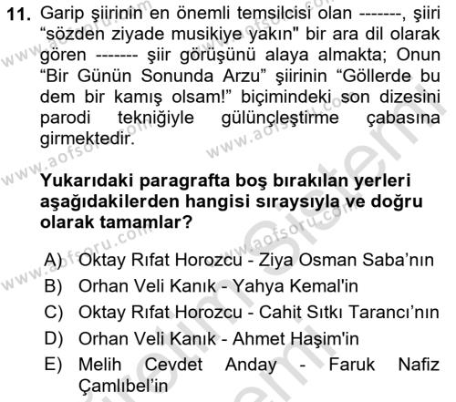 Cumhuriyet Dönemi Türk Şiiri Dersi 2021 - 2022 Yılı (Vize) Ara Sınavı 11. Soru