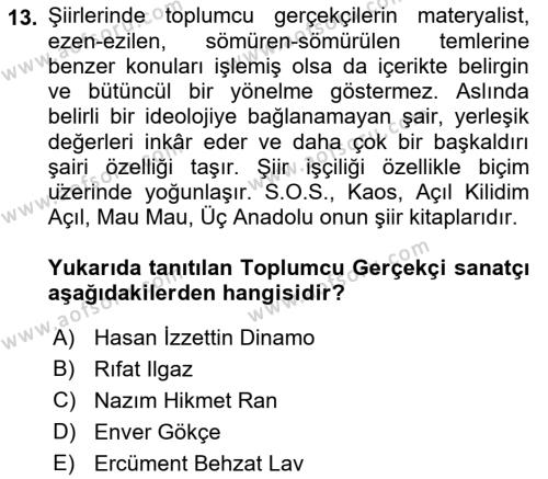 Cumhuriyet Dönemi Türk Şiiri Dersi 2021 - 2022 Yılı (Vize) Ara Sınavı 13. Soru