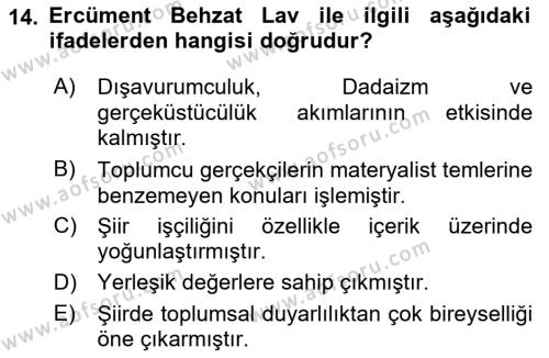 Cumhuriyet Dönemi Türk Şiiri Dersi 2021 - 2022 Yılı (Vize) Ara Sınavı 14. Soru