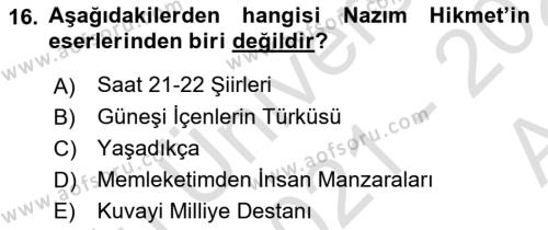 Cumhuriyet Dönemi Türk Şiiri Dersi 2021 - 2022 Yılı (Vize) Ara Sınavı 16. Soru