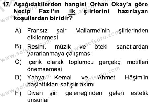 Cumhuriyet Dönemi Türk Şiiri Dersi 2021 - 2022 Yılı (Vize) Ara Sınavı 17. Soru