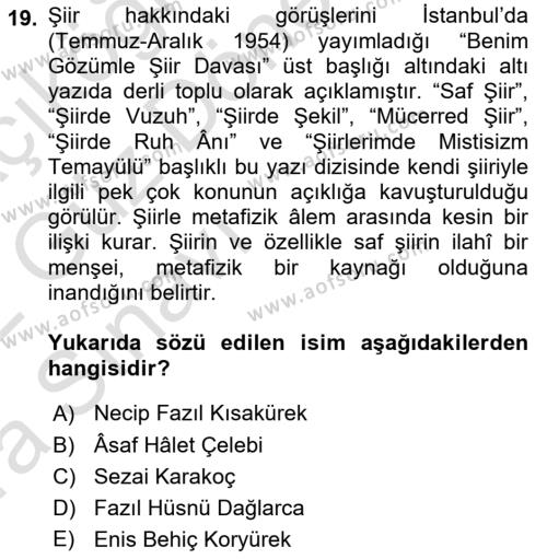 Cumhuriyet Dönemi Türk Şiiri Dersi 2021 - 2022 Yılı (Vize) Ara Sınavı 19. Soru